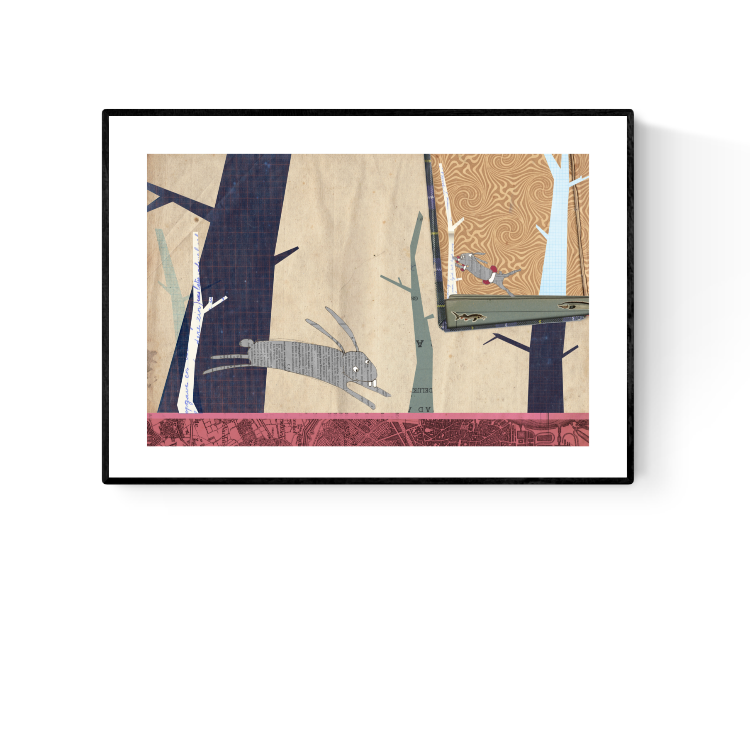 Whimsical collage-style illustrations by Studio Frits from the 'Animal School' series, featuring charming woodland creatures—bears, badgers, rabbits, and ducks—engaging in school-like scenes set in stylized forest environments. Created with layered textures, vintage maps, and paper cutout effects, these playful and imaginative prints are perfect for children’s rooms, creative spaces, and storybook-themed decor