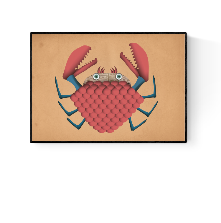 Whimsical art print ‘Desmond Crab’ by Studio Frits featuring a quirky red crab with newspaper eyes and geometric textures. Playful wall decor for ocean lovers, children's rooms, or eclectic interior spaces. Available at Galerie Frits