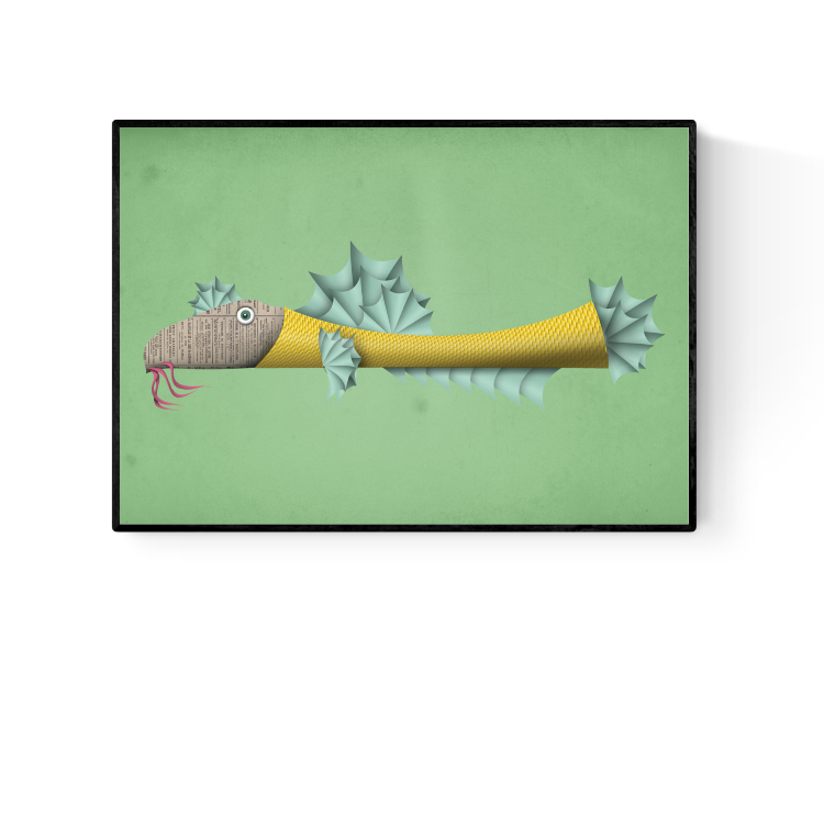 Whimsical illustration of a yellow fish with a newspaper-textured face and spiky blue fins on a green background – Fishy Frank art print by Studio Frits, perfect for playful wall decor and ocean-themed interiors, available at Galerie Frits