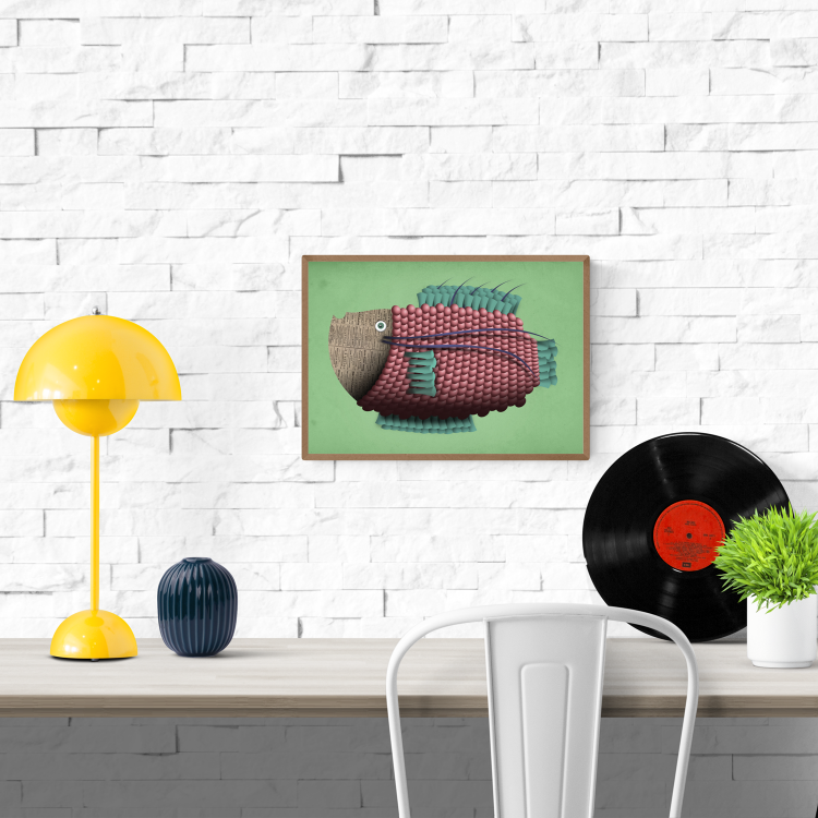 Colorful fish illustration with textured pink scales, teal fins, and a newspaper-textured head on a green background – whimsical aquatic art print by Studio Frits, titled Jeanne P’oisson, 21 x 29.7 cm.