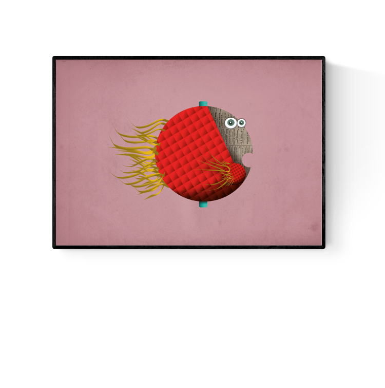 Playful digital illustration of a quirky red fish with yellow fins on a pink background – Manuel Pescado by Studio Frits, 21 x 29.7 cm Belgian art print.