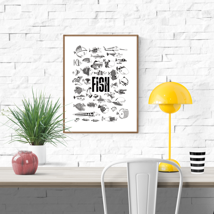 Black and white art print titled 'Fish' by Studio Frits featuring a playful collection of hand-drawn fish with unique patterns and bold typography – whimsical wall decor for kids’ rooms, kitchens, or eclectic interiors