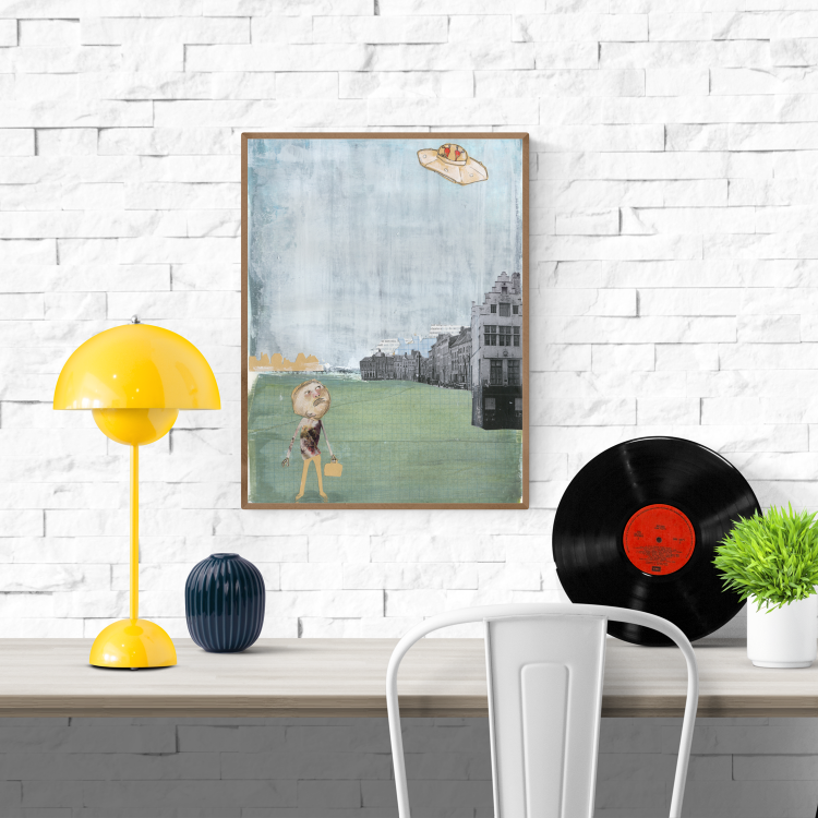 Surreal art print of Mister Humprey standing on a green field under a UFO, with vintage city buildings in the background, illustrated by Studio Frits in collage style. Printed on 300g paper and made in Belgium.