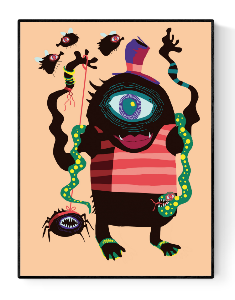 Colorful monster illustration titled "Gloria Alderidge" by Studio Frits – one-eyed creature with striped shirt, top hat, spiders, and flies – quirky art print for kids rooms or creative spaces