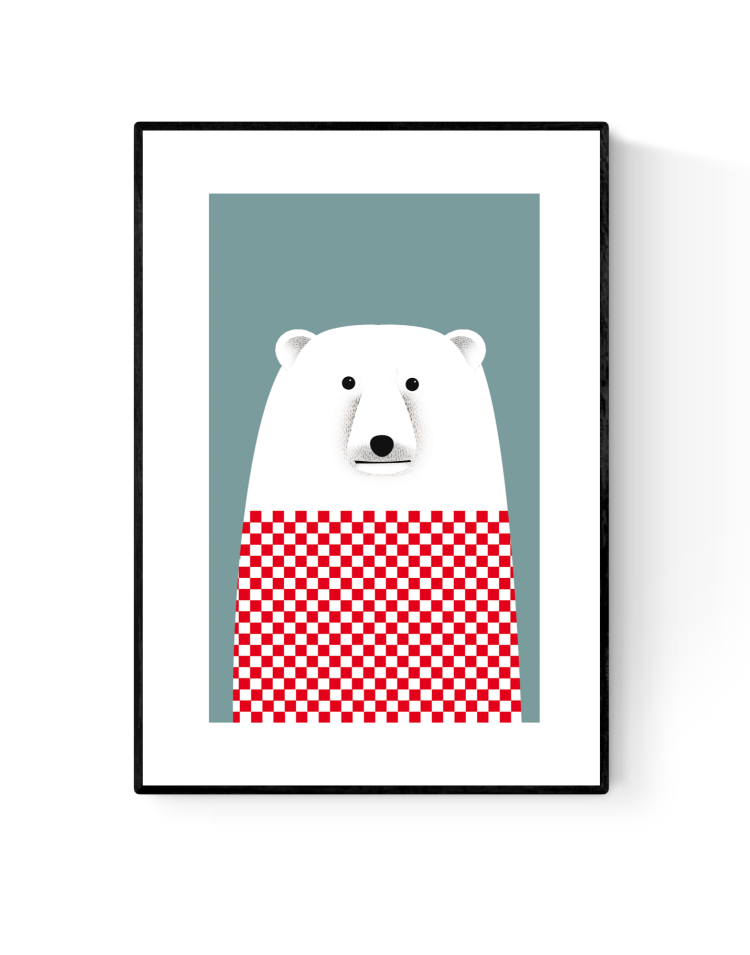 Minimalist art print ‘Derek the Polar Bear’ by Studio Frits featuring a white polar bear in a red and white checkered sweater against a muted teal background. Perfect for modern interiors, kids' rooms, and animal lovers. Available at Galerie Frits