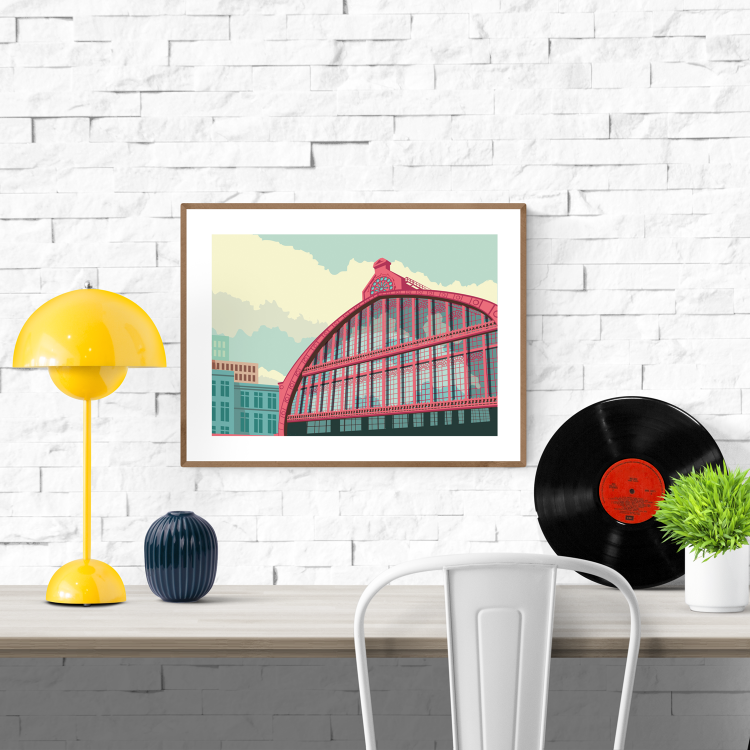Architectural illustration of the Central Station Dome in Antwerp by Studio Frits – vibrant and modern art print featuring the iconic curved glass and iron roof of Antwerp’s railway station. Perfect wall art for lovers of Belgian architecture, urban landscapes, and European city posters. Available exclusively at Galerie Frits