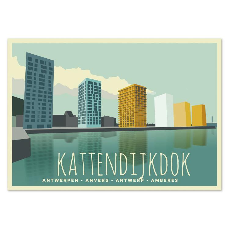 Modern illustrated postcard of Kattendijkdok in Antwerp, Belgium, by Gert Paenen of Studio Frits. Featuring colorful high-rise buildings reflected on the calm dock waters, this minimalist artwork captures the city’s vibrant urban renewal and architectural elegance in a fresh, contemporary style.
