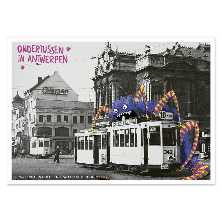 Playful illustrated postcard Ondertussen in Antwerpen by Gert Paenen of Studio Frits. Featuring a vintage black-and-white city scene with a colorful, furry blue-and-yellow monster climbing a tram, this surreal artwork humorously mixes Antwerp’s past with imaginative fantasy.