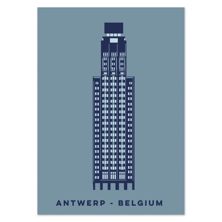 Minimalist illustrated postcard of the Boerentoren in Antwerp, Belgium, by Gert Paenen of Studio Frits. This elegant artwork features the iconic Art Deco skyscraper in navy blue tones on a muted grey-blue background, celebrating one of Antwerp’s most famous architectural landmarks with clean modern style.