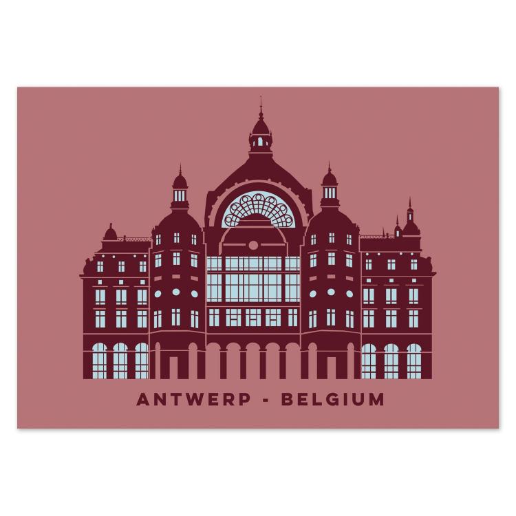 Minimalist illustrated postcard of Antwerp Central Station, Belgium, by Gert Paenen of Studio Frits. Rendered in deep burgundy and pastel blue tones, this elegant artwork highlights the station’s grand architecture and iconic dome, celebrating one of Europe’s most beautiful railway landmarks.