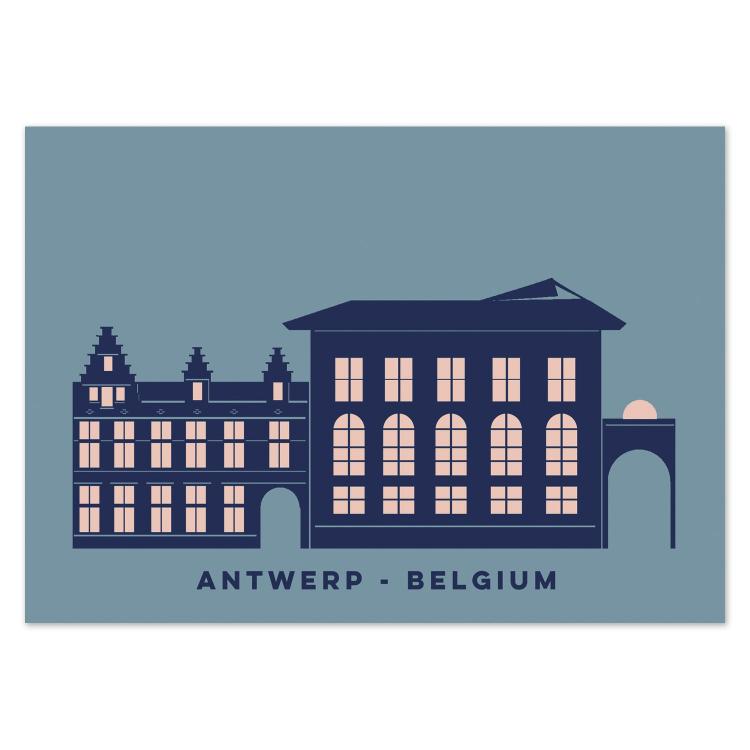 Minimalist illustrated postcard of the Rubenshuis in Antwerp, Belgium, by Gert Paenen of Studio Frits. Depicted in deep navy and soft pink tones, this elegant artwork highlights the historic home and studio of painter Peter Paul Rubens, celebrating Antwerp’s artistic legacy.