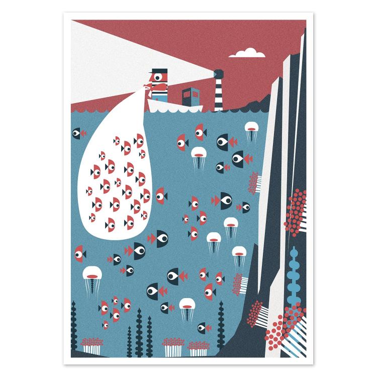 Playful illustrated postcard titled Fisherman by Gert Paenen of Studio Frits. Showing a fisherman hauling a net full of stylized fish above a lively underwater scene, this bold artwork captures maritime life with humor and modern geometric design in red, blue, and white tones.