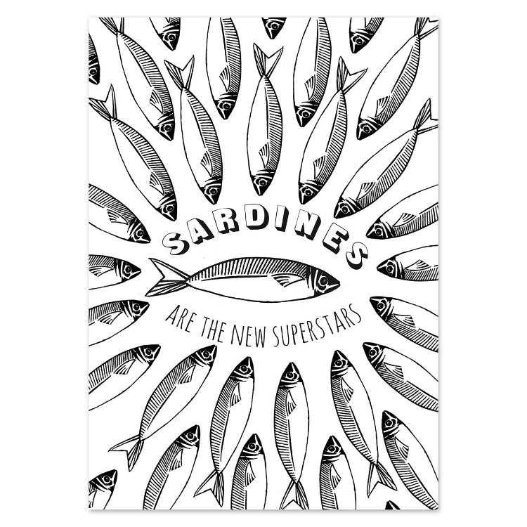 Playful black-and-white postcard illustration by Gert Paenen of Studio Frits, featuring a circular pattern of sardines around the bold text “Sardines are the new superstars.” A humorous, graphic design celebrating simplicity and everyday icons with a retro touch.