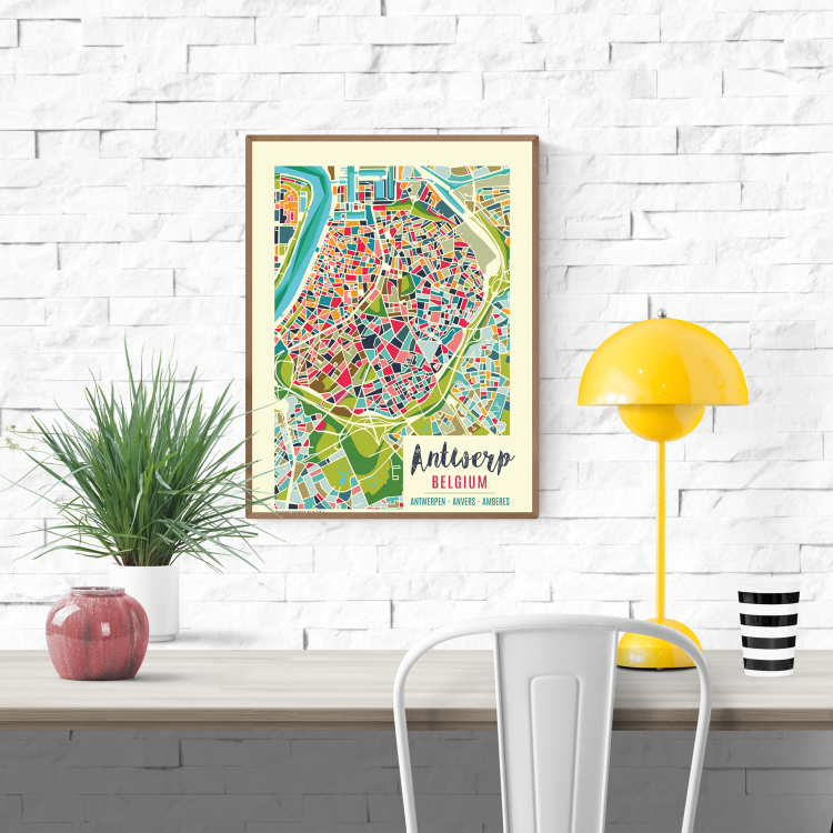 Colorful modern illustration of Antwerp city map by Studio Frits, featuring an abstract geometric layout of Belgium’s iconic port city. Urban wall art showcasing Antwerp's neighborhoods, streets, and river in vibrant colors. Perfect for travel lovers, map collectors, or contemporary home decor. Available as a high-quality art print at Galerie Frits