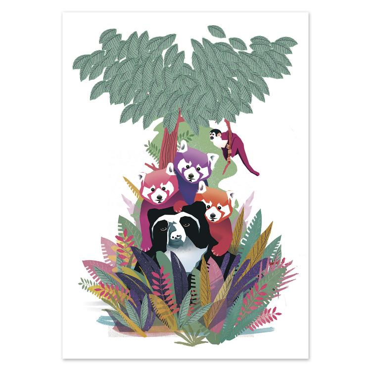 Colorful illustrated postcard titled Hug by Gert Paenen of Studio Frits. Featuring a panda surrounded by playful red pandas, a monkey, and lush tropical plants, this charming artwork celebrates friendship, nature, and warmth in a vibrant, contemporary style.