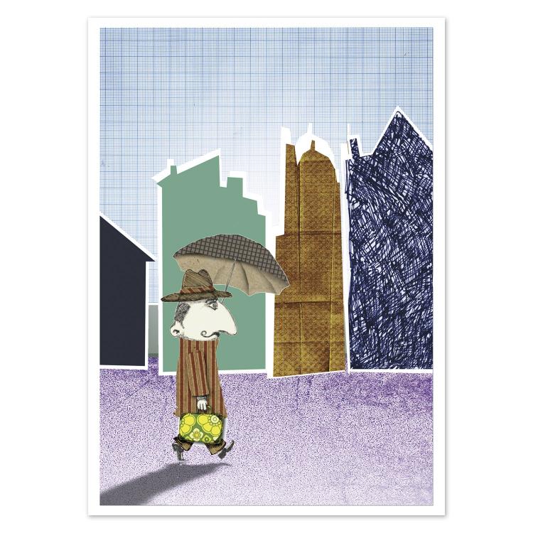 Whimsical illustrated postcard titled Mr. Jenkins by Gert Paenen of Studio Frits. Depicting a man in a striped coat walking with an umbrella and a yellow suitcase through a colorful cityscape, this collage-style artwork combines humor, texture, and character in a playful urban scene.