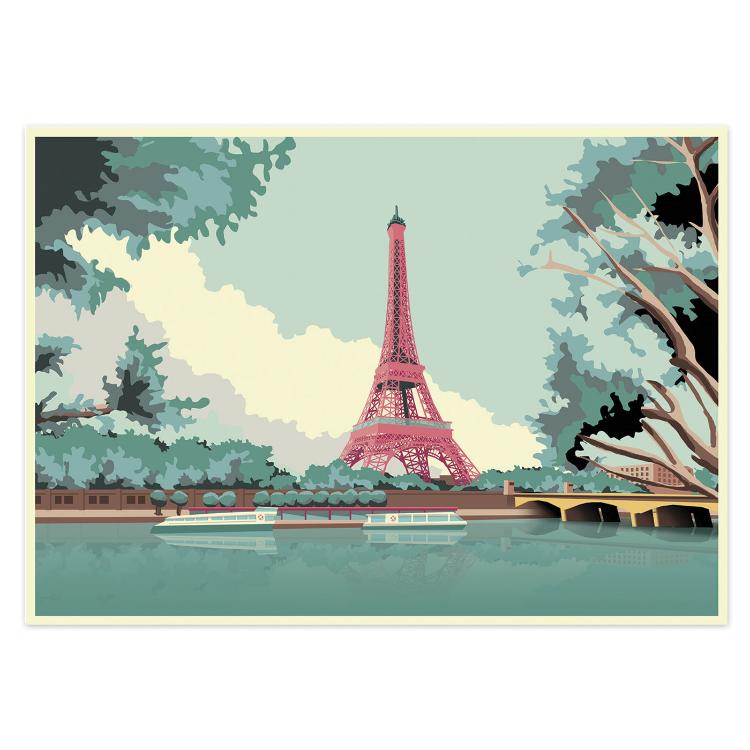 Elegant illustrated postcard of Paris by Gert Paenen of Studio Frits, featuring the Eiffel Tower in warm pink tones beside the Seine River. Framed by trees and soft pastel skies, this design captures the romantic charm and timeless beauty of the French capital.