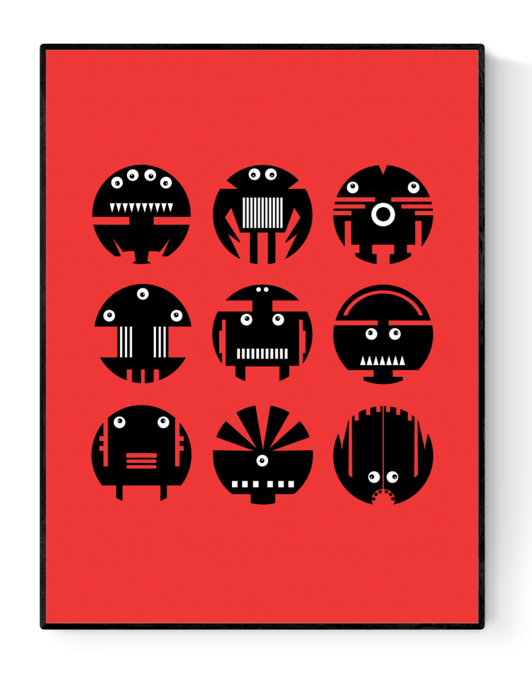 Colorful geometric illustration of nine unique black-and-white robot faces on a bold red background – Robots by Studio Frits, 30 x 40 cm modern art print for playful interiors.