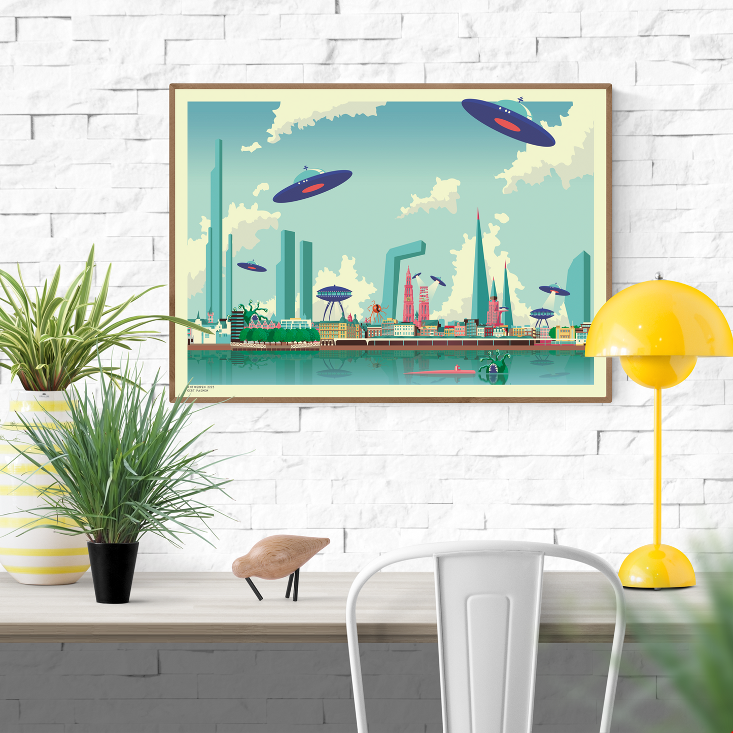 Futuristic illustration of Antwerp 2225 by Belgian artist Gert Paenen (Studio Frits), showing a colorful sci-fi city skyline with UFOs, sea monsters, and futuristic skyscrapers reflected in the Scheldt River – digital art print 50x70 cm available at Galerie Frits.