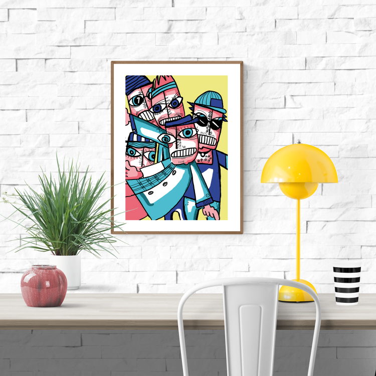Colorful abstract illustration of a quirky group of cartoon-style characters with expressive faces and bold outlines on a yellow background – modern art print by Studio Frits, 30x40 cm, perfect for contemporary wall decor and collectors of unique graphic art