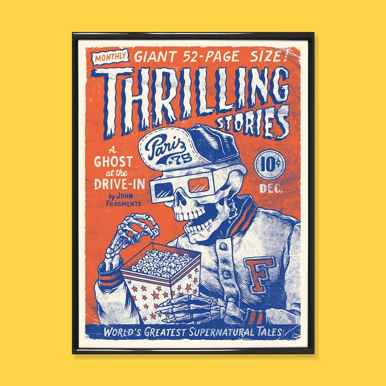 30 x 40 cm vintage-style art print titled Thrilling Stories by French duo Yeaaah! Studio. Features a skeleton wearing 3D glasses, eating popcorn, styled as a retro pulp magazine cover in red, blue, and white tones. Printed on 300g Old Mill premium white paper. Ideal for fans of horror, comics, and pop art.