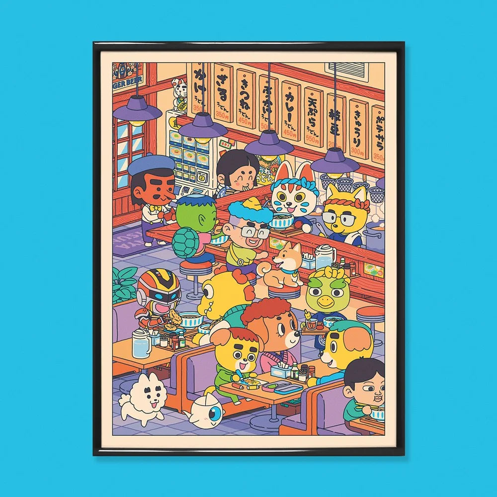 Udon-Ya 50x70 cm art print by Yeaaah! Studio, colorful Japanese udon restaurant scene with cute animals and characters eating noodles, detailed kawaii illustration printed on Old Mill Premium White 300g paper, digital print, unframed, made in France.