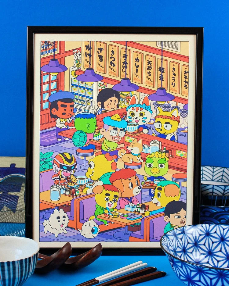 Udon-Ya 50x70 cm art print by Yeaaah! Studio, colorful Japanese udon restaurant scene with cute animals and characters eating noodles, detailed kawaii illustration printed on Old Mill Premium White 300g paper, digital print, unframed, made in France.