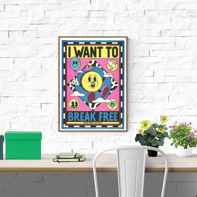Vibrant risograph illustration with retro cartoon graphics and bold text saying "I Want to Break Free" by German artist duo Yeye Weller – A3 art print in pop-art style.