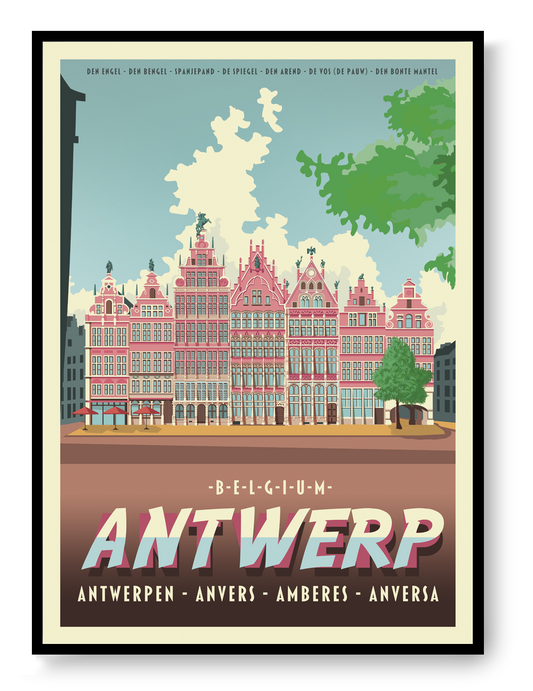 Large architectural digital art print of Antwerp Grote Markt, featuring Renaissance guildhalls, historic façades, and bold graphic colors by Belgian illustrator Gert Paenen.