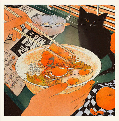 Midnight Noodles by Enikő Eged, 50 x 50 cm archival giclée art print featuring a cozy noodle bowl scene with a black cat, warm orange tones, and Japanese-inspired details.