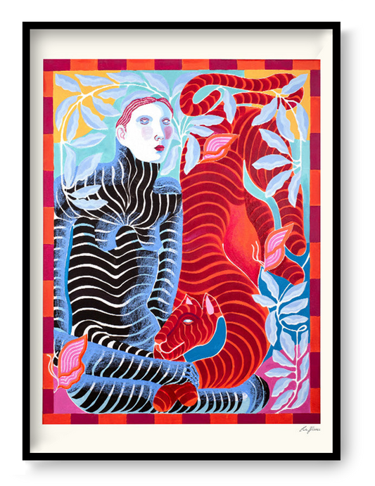 The Affair by Carla Petelski, contemporary figurative fine art print featuring a striped woman and red tiger surrounded by botanical elements in vivid pink, blue, orange, and red tones, modern symbolic wall art for contemporary interiors.