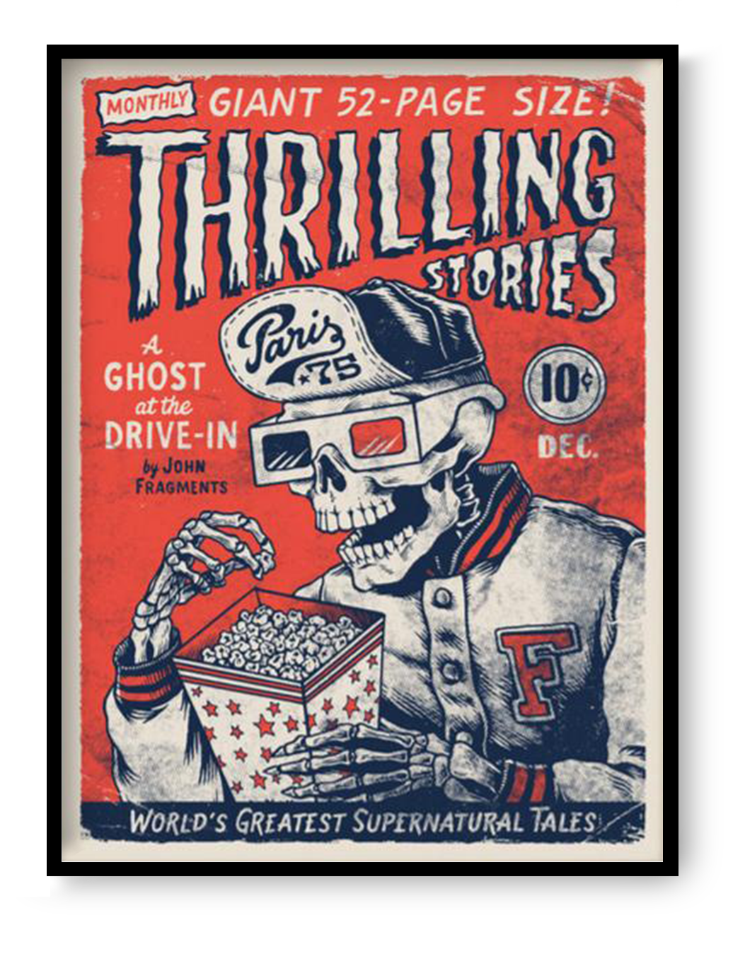 Retro horror comic style art print featuring a skeleton wearing 3D glasses eating popcorn, illustrated in bold red and blue vintage pulp magazine style, 30 x 40 cm wall art for cinema lovers and pop culture interiors