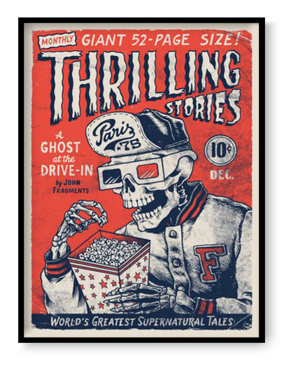 Retro horror comic style art print featuring a skeleton wearing 3D glasses eating popcorn, illustrated in bold red and blue vintage pulp magazine style, 30 x 40 cm wall art for cinema lovers and pop culture interiors