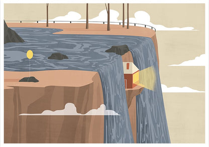 A3 surreal landscape art print by Ana Yael featuring a waterfall flowing over a cliff with a small illuminated house hidden behind the water, soft clouds, rocks, and minimalist design style.