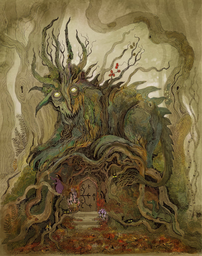 Detailed fantasy illustration by Lena Yampolski titled The Guard, showing a giant tree creature with glowing eyes protecting a wooden door in a forest. Rich earthy colors, roots, branches, mushrooms, and a small figure in purple cloak evoke an enchanted, fairy-tale atmosphere. Giclée fine art print, 23 x 29.2 cm.