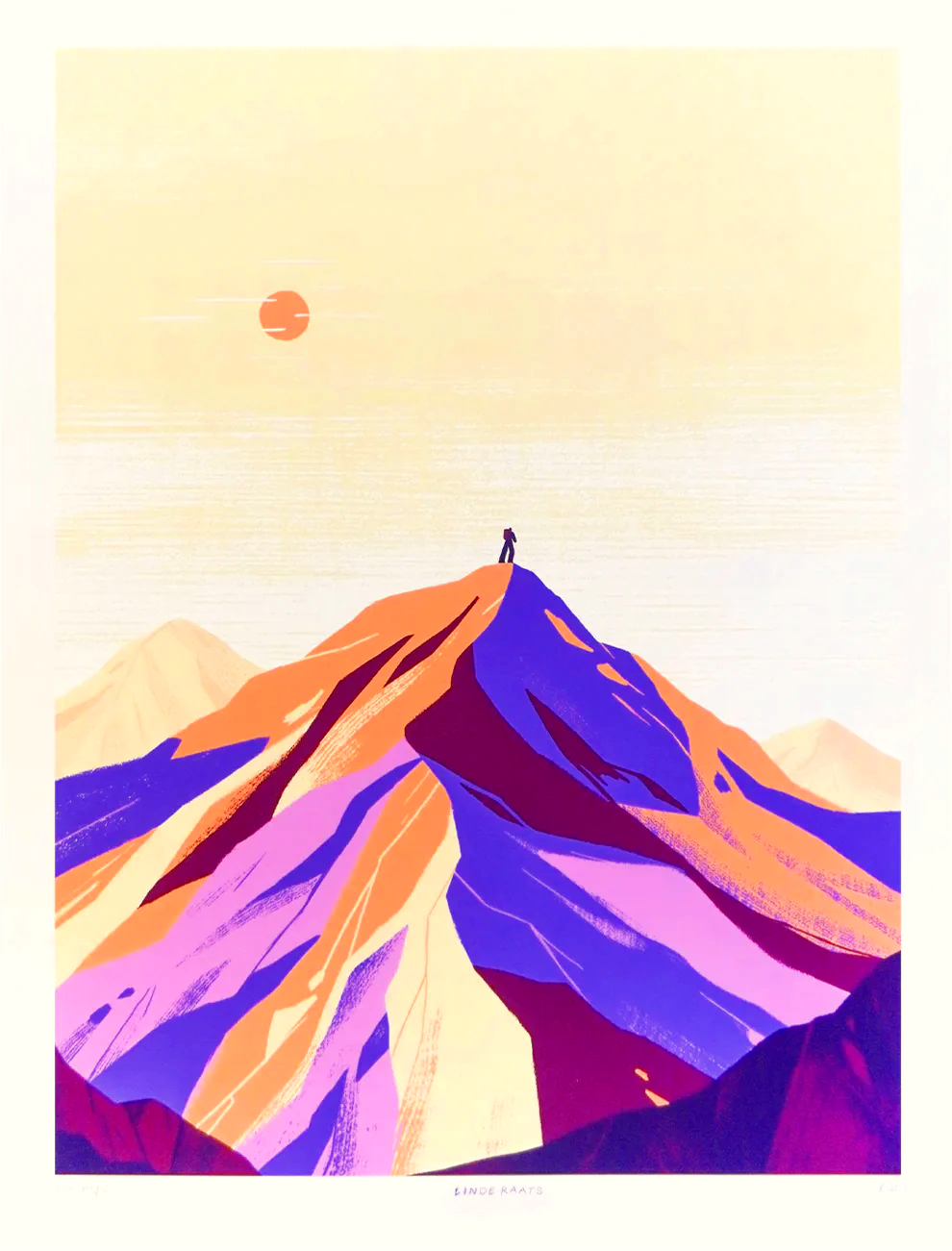 Minimalist giclée art print of the Alps by Belgian illustrator Linde Raats, featuring a pastel-colored mountain landscape in soft purple, peach, and cream tones with a small figure at the summit – 30x40 cm fine art print for modern interiors