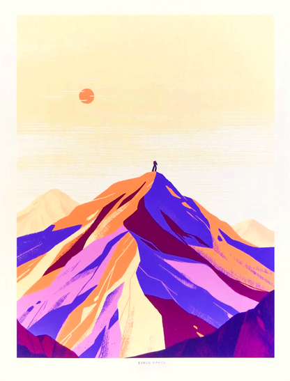 Minimalist giclée art print of the Alps by Belgian illustrator Linde Raats, featuring a pastel-colored mountain landscape in soft purple, peach, and cream tones with a small figure at the summit – 30x40 cm fine art print for modern interiors