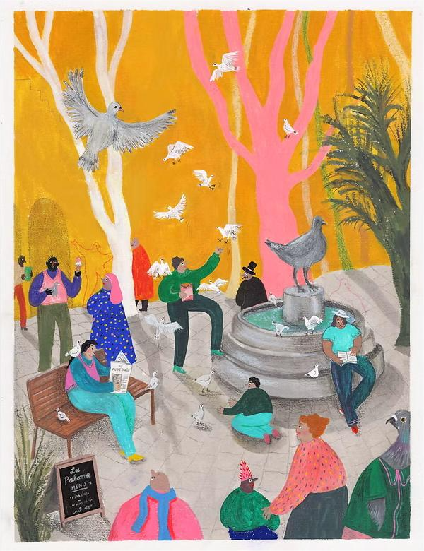 Colorful urban illustration art print by Louise de Meester showing pigeons flying around a city fountain with playful characters and vibrant orange sky.