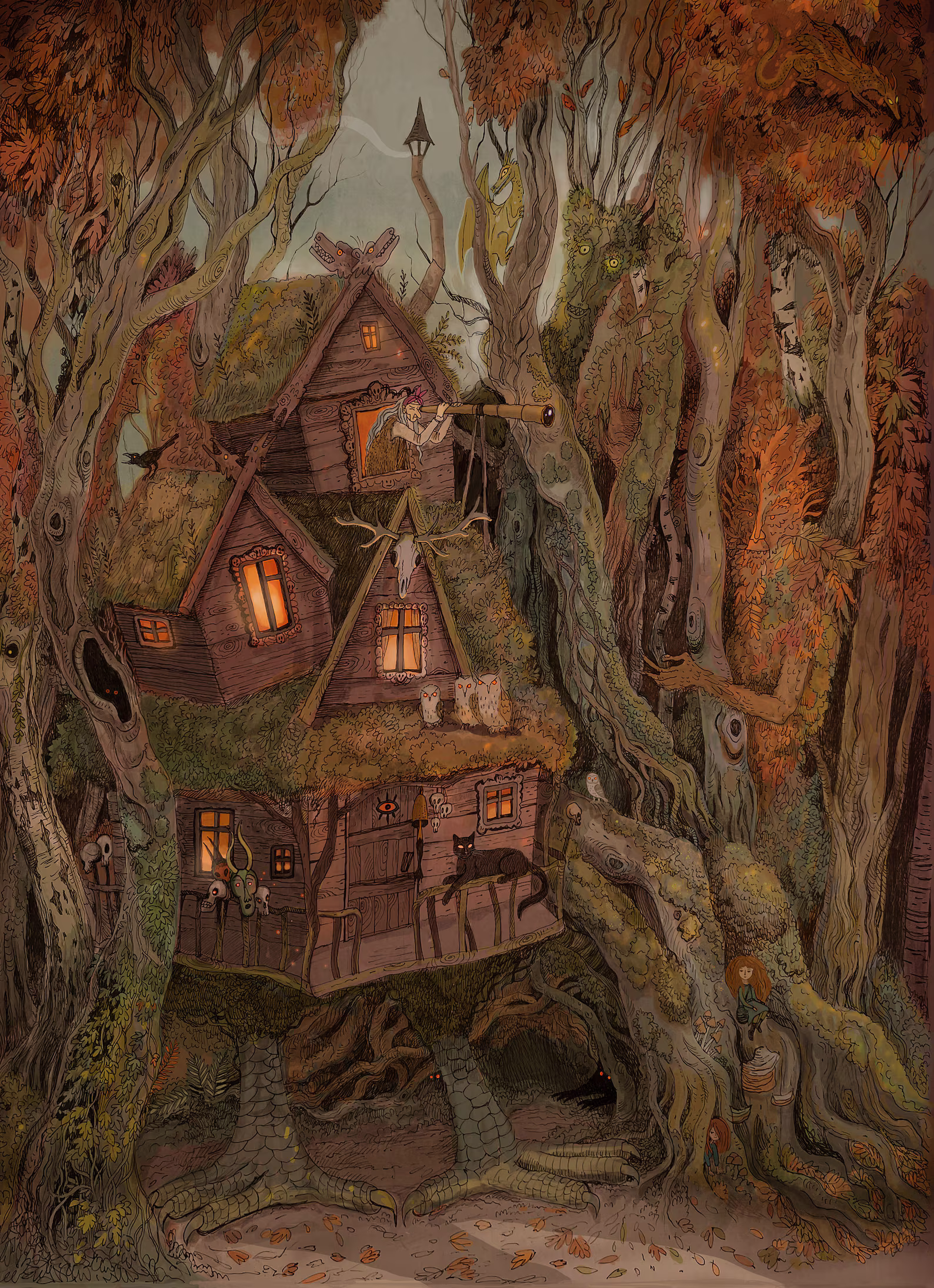Illustration of a magical wooden house hidden in an autumn forest with glowing windows, owls, and a witch watching the night sky through a telescope. Detailed fantasy artwork by Lena Yampolski inspired by Slavic folktales, printed as a high-quality giclée art print on matte paper.