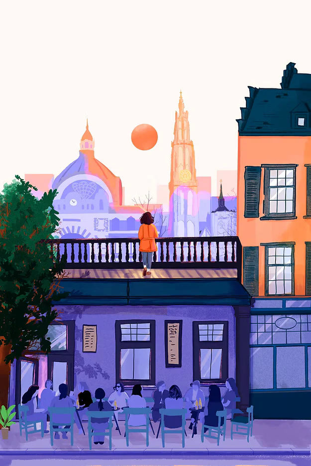 Illustrated cityscape of Antwerp by Mexican artist Valeria Maggiani – warm sunset tones, iconic skyline, Cathedral of Our Lady, terrace with people, printed in Belgium under the artist's supervision, signed and numbered A4 digital art print – modern wall art for city and travel lovers.