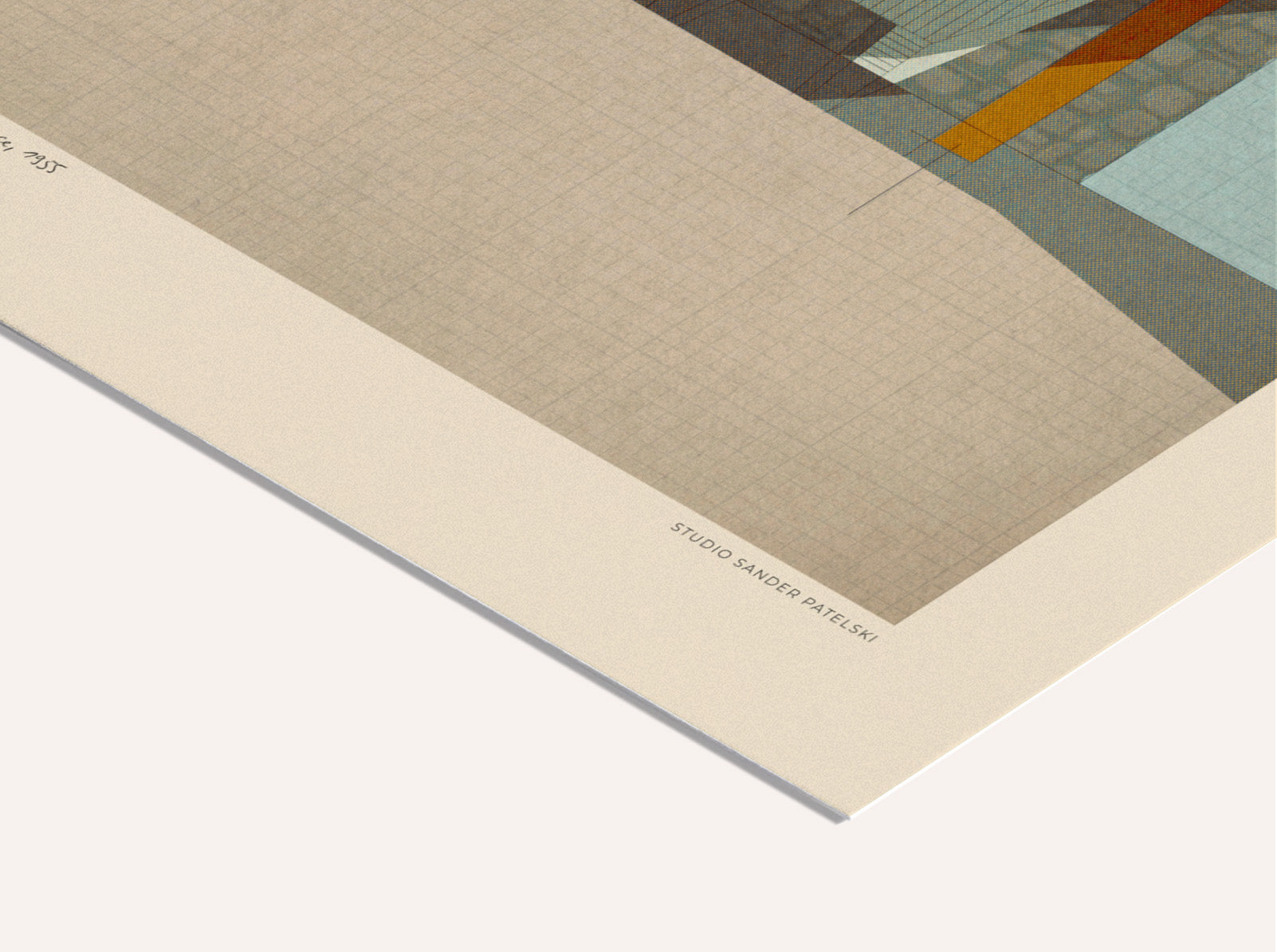 Mid-century modern architectural digital art print by Studio Sander Patelski, showing the Breuer, Beckhard, Alworth and Starkey House from 1955 with geometric shapes, warm textures, and vintage-inspired colours.