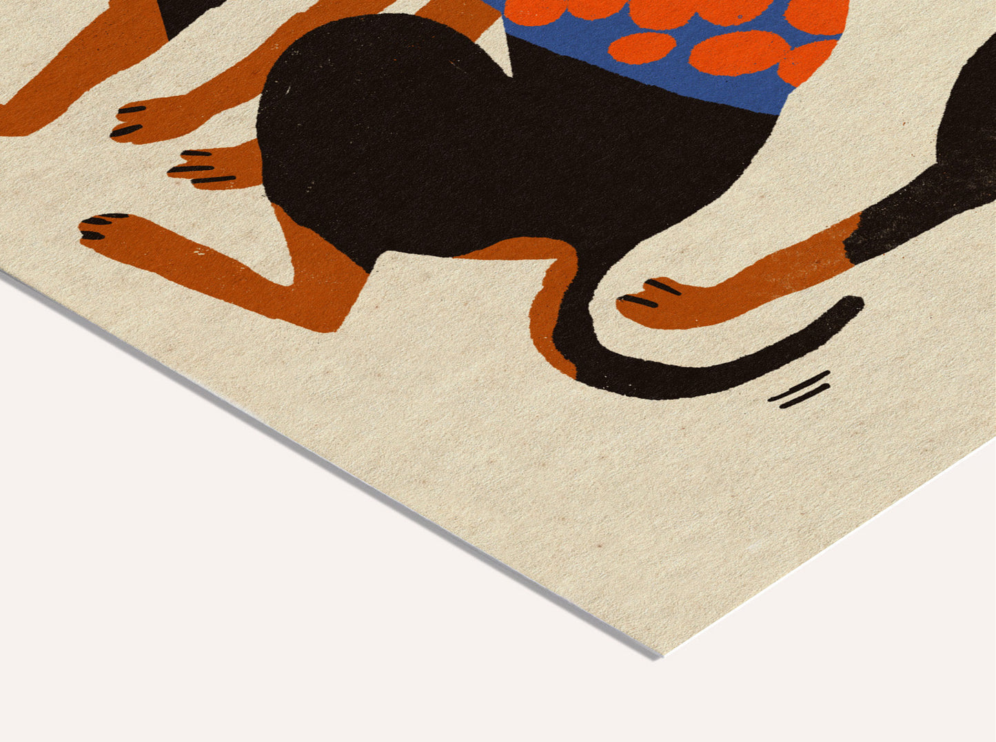 Colorful Doggos art print by Enikő Eged featuring two stylized black dogs wearing patterned sweaters in blue, orange, and grey tones on a warm neutral background, square contemporary giclée wall art for modern interiors.