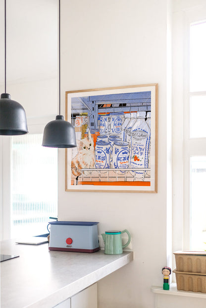 Cozy kitchen shelf illustration featuring a small orange and white cat sitting beside drinks cans and bottles, soft pastel tones, square giclée art print for modern home decor