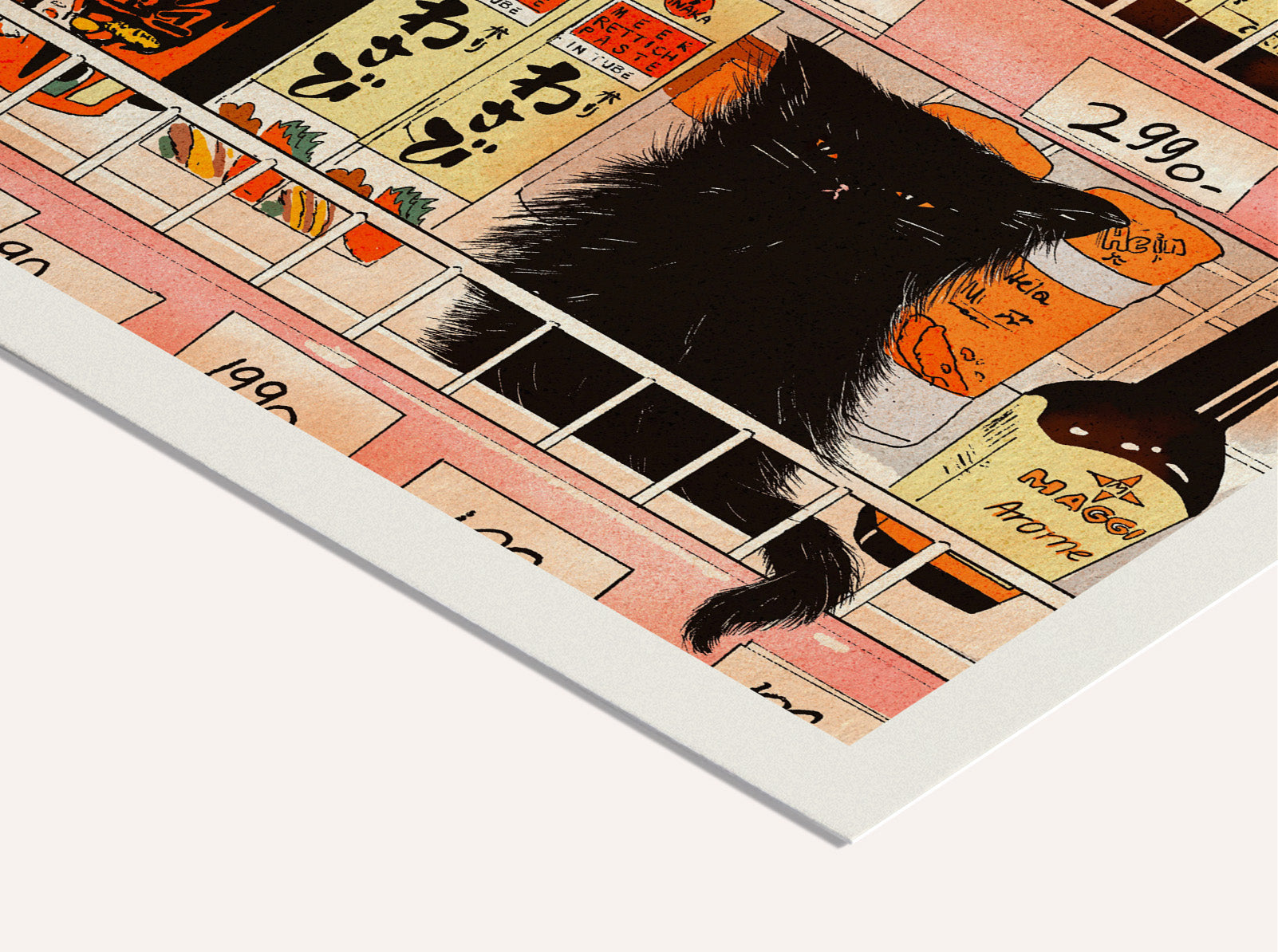 Archival giclée art print by Enikő Eged showing a black cat looking at Japanese grocery shelves filled with colorful sauces, jars, and food packaging.