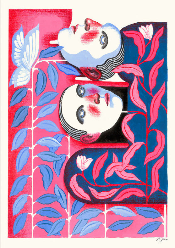 Bonding by Carla Petelski, contemporary figurative digital art print featuring two stylized faces surrounded by pink and blue botanical forms, modern emotional wall art in vibrant colors