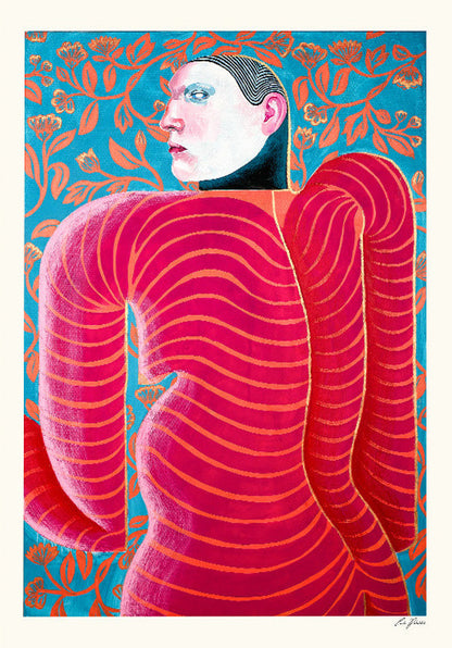Goddess Of Flirting by Carla Petelski, contemporary figurative digital art print featuring a surreal pink striped female figure against a blue floral background, modern colourful wall art, 50 x 70 cm