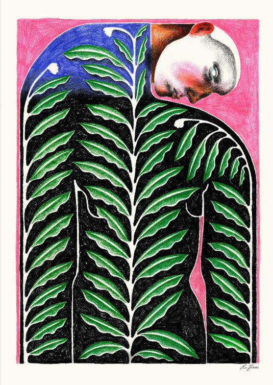 Love Grows by Carla Petelski, contemporary digital art print featuring a surreal human figure covered in green botanical leaves against a vivid pink background, expressive symbolic wall art for modern interiors