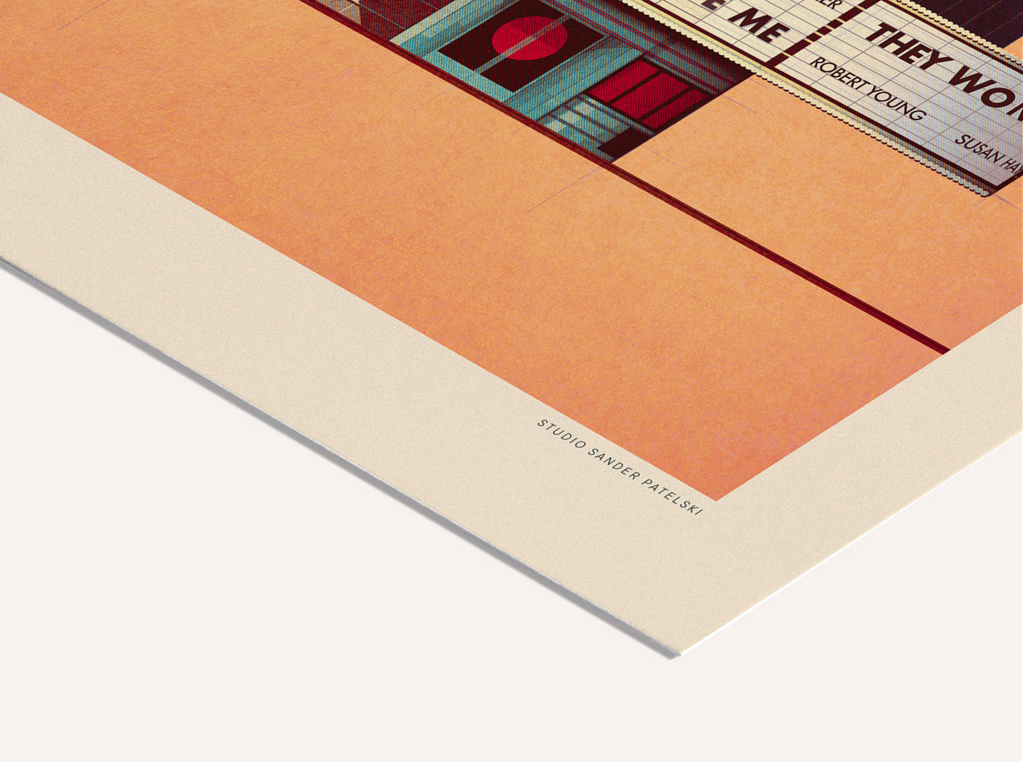 The Harper Theater 1939 by Sander Patelski, large 50 x 70 cm architectural digital art print featuring a vintage Art Deco cinema facade in warm peach, blue, and red tones with retro typography and minimalist urban design.