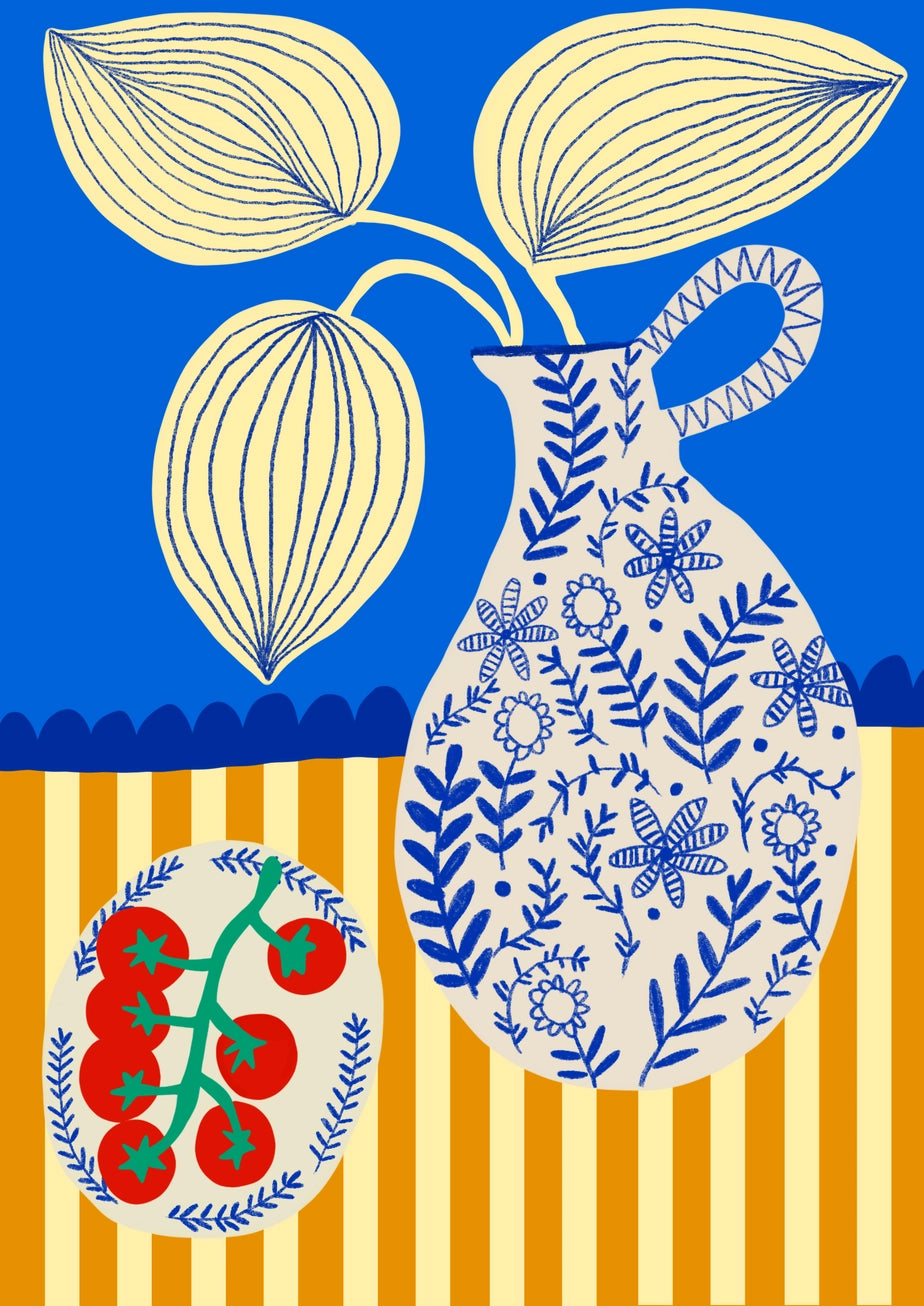 Porcelain and Tomatoes by Teresa Rego, vertical giclée art print featuring red vine tomatoes and a floral porcelain jug in bold blue, cream and orange, ideal for colourful kitchen wall decor.
