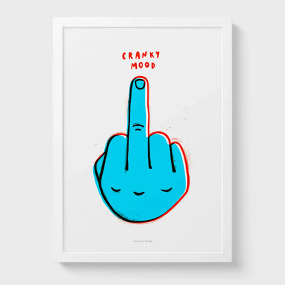 Colorful pop art print titled “Cranky Mood” by Just Cool Design showing a bright blue cartoon hand giving the middle finger with red outline and playful text above. Bold, humorous wall art for modern interiors, creative studios, or as a quirky gift idea.